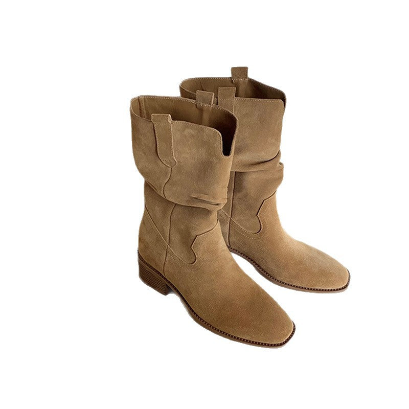 Women's Grape Mom Height Increasing Korean Round Toe V Cut Thick Women's Leather Boots