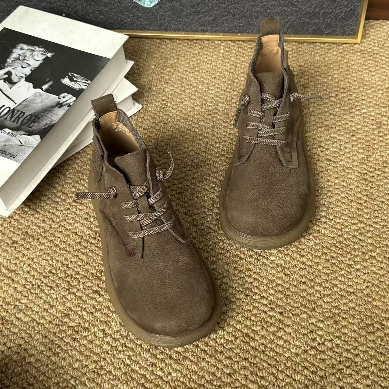 Layer Cowhide Retro Ankle Cotton Linen Style Genuine Round Toe Boots