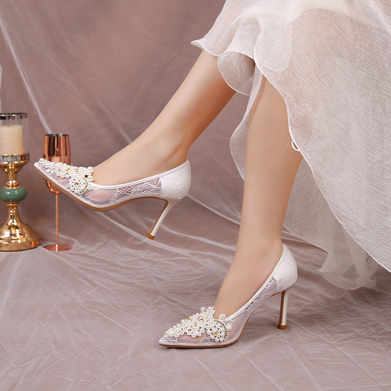Women's High Hollowed Pumps Mesh Pearl Stiletto Heels