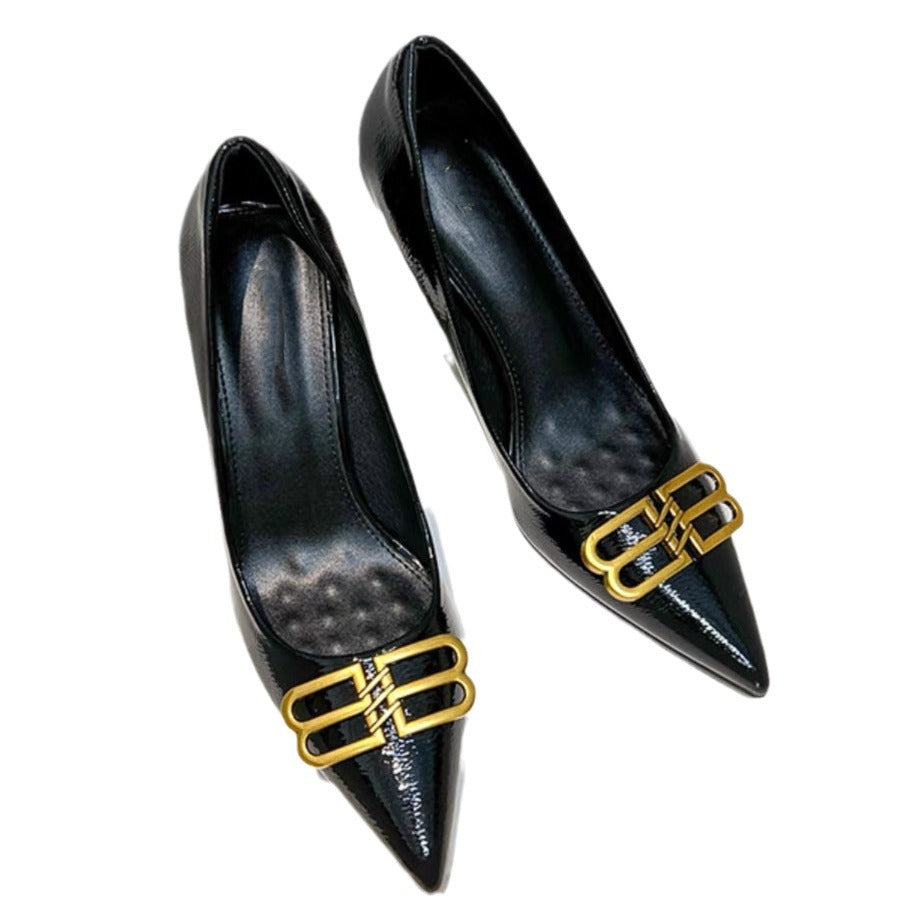 Paris High Black Patent Pointed Temperament Sexy Metal Stiletto Women's Fashion Shoes