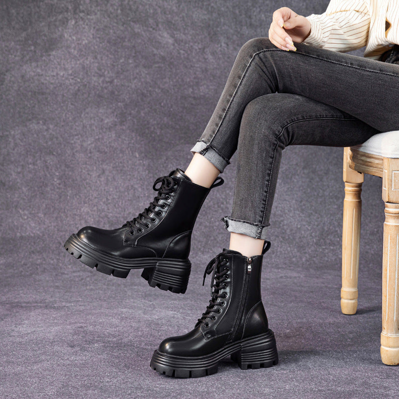Women's Mesh Martin Thick Bottom Elevator Wild Women's Leather Boots