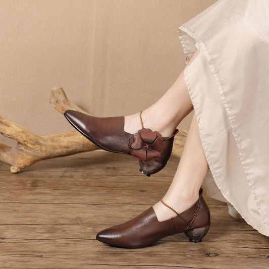 Women's Retro Handmade Genuine Flower Literary Low Heels
