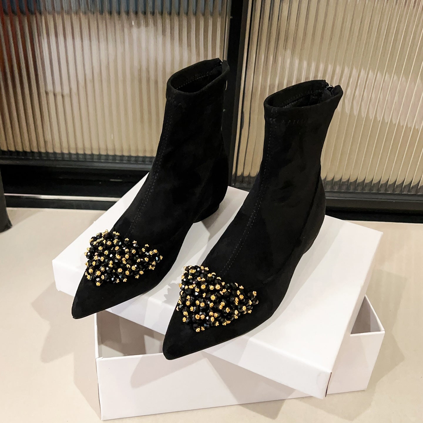 Women's Insole Pointed Toe Skinny Ankle Suede Stretch French Women's Leather Boots