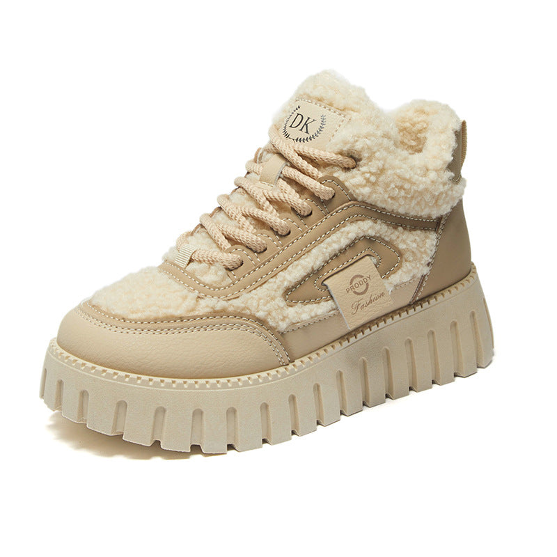 Women's Winter Fleece-lined White Korean Style Platform Height Casual Shoes