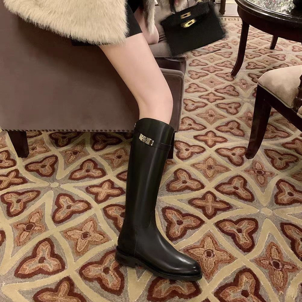 Women's Biker Round Head Chunky High Leg Thick Women's Leather Boots