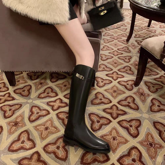 Women's Biker Round Head Chunky High Leg Thick Women's Leather Boots