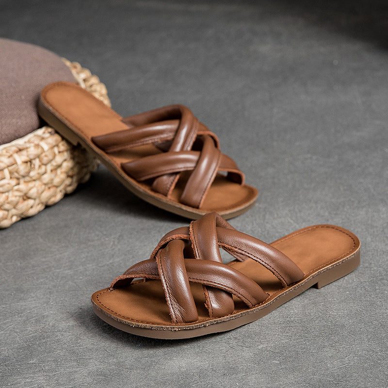 Women's Flat Round Toe Polished Retro Style Roman Sandals