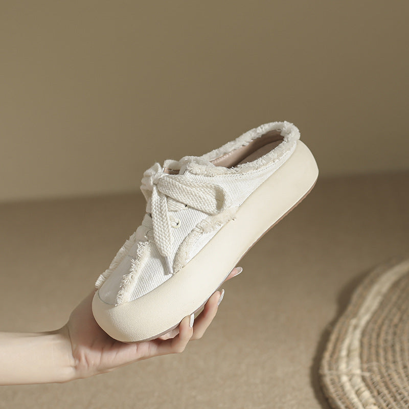 Women's Summer Round Tip Pump Frayed Half Slippers