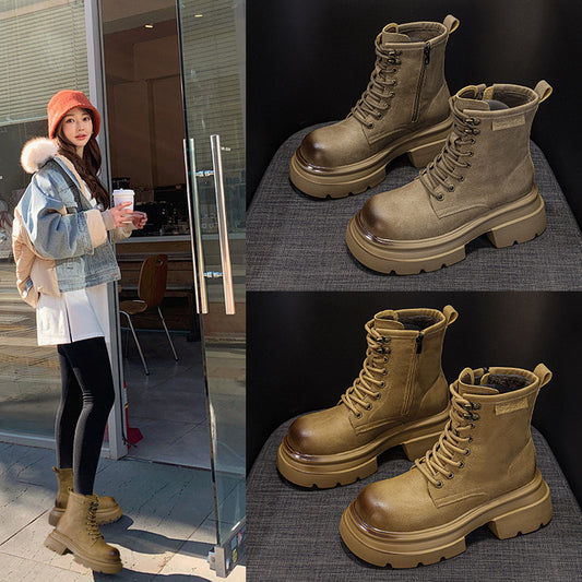 Women's Platform Martin Autumn Fashion Retro Ankle Big Head Women's Leather Boots