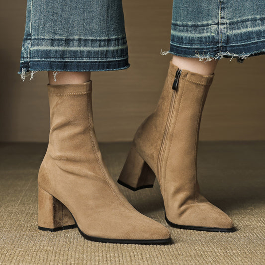 Women's French Style High Stretch Winter Side Zipper Thick Women's Leather Boots