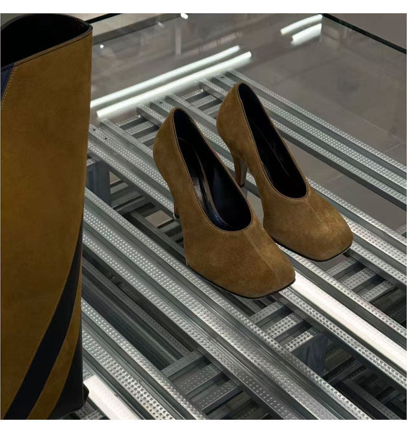 Women's Korean Niche Design Square Toe High Genuine Suede Leather Shoes
