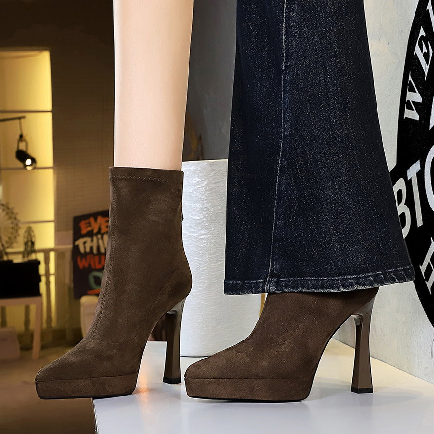 Waterproof Platform Female Pointed Toe Suede Stretch Women's Leather Boots