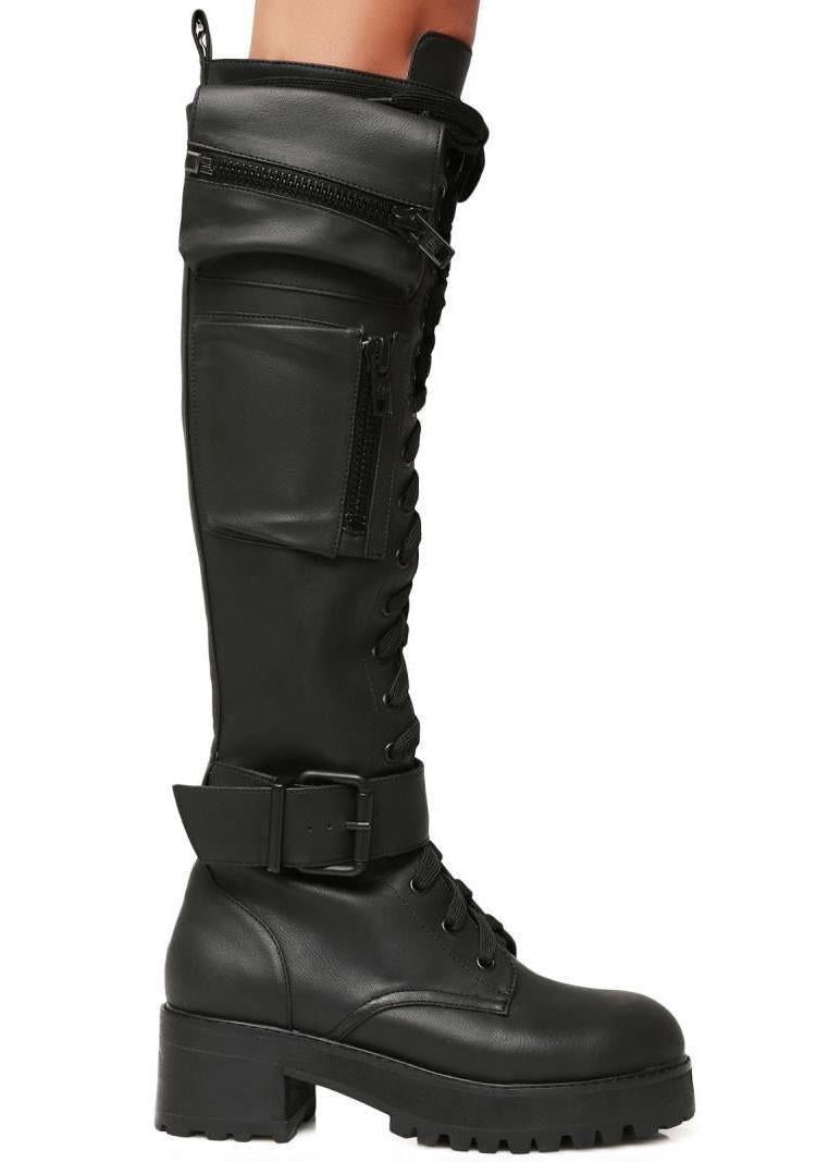 Low Platform Long Bag Buckle Knight Plus Women's Leather Boots