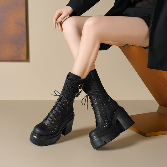 Women's Thick Super High Small Waterproof Platform Hollowed Leisure Women's Leather Boots