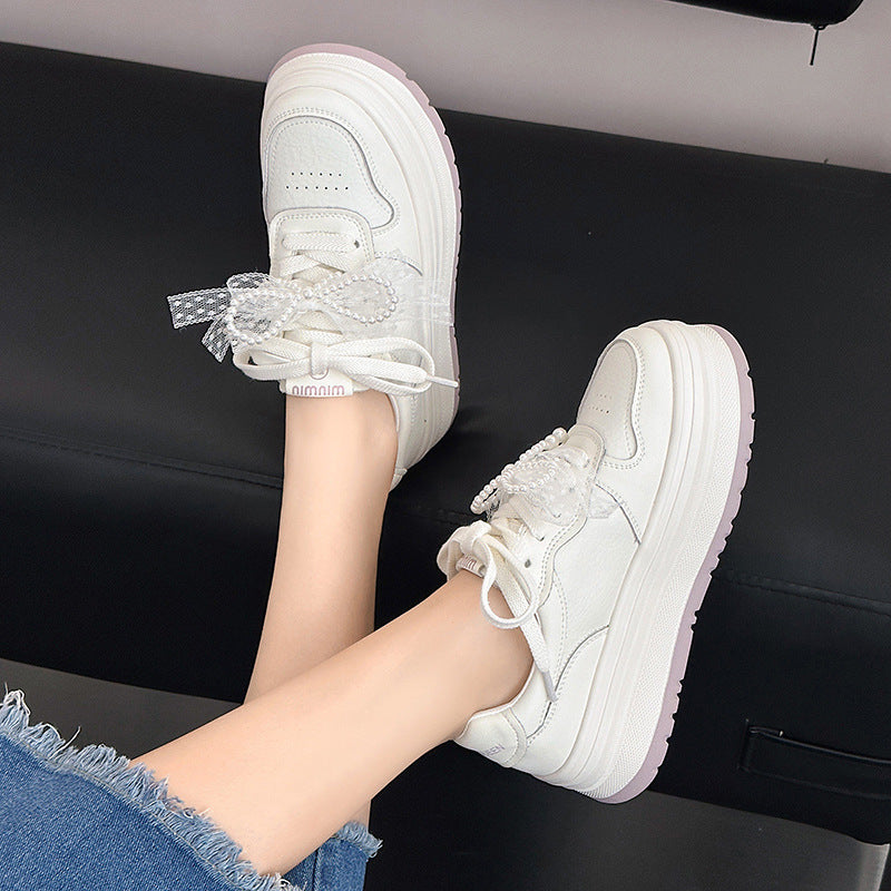 Women's Spring White Korean Versatile Cowhide Muffin Pearl Bow Women's Casual Shoes