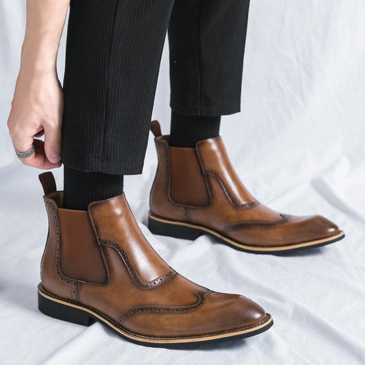Men's Chelsea Retro Martin Height Increasing Leisure British Style Middle Men's Business Leather Shoes