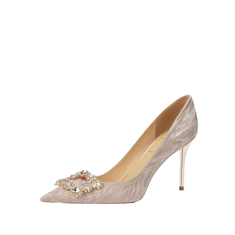 Women's French Style Officiate Bridal High Wedding Dress Square Buckle Rhinestone Women's Fashion Shoes