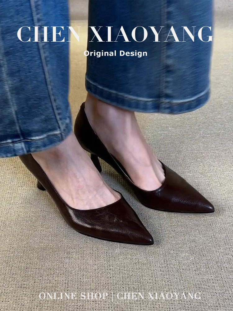 Women's Cowhide Version Black High Female Cat French Mid Professional Women's Shoes