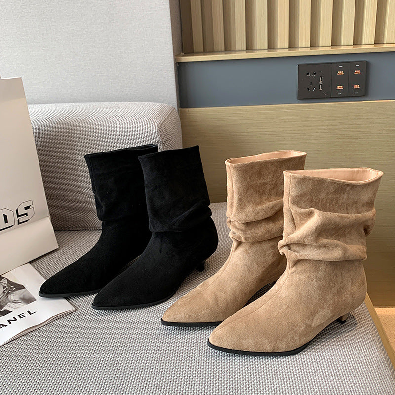 Women's Low Martin Suede Skinny French Booties Pile Men's Shoes