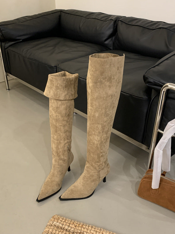 Small Two-way Side Zipper Pointed Toe Suede Boots