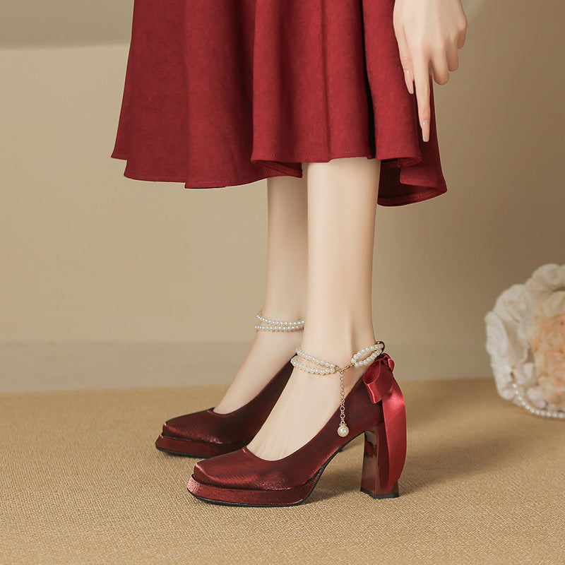 Women's Square Toe Chunky High Bow Waterproof Women's Fashion Shoes