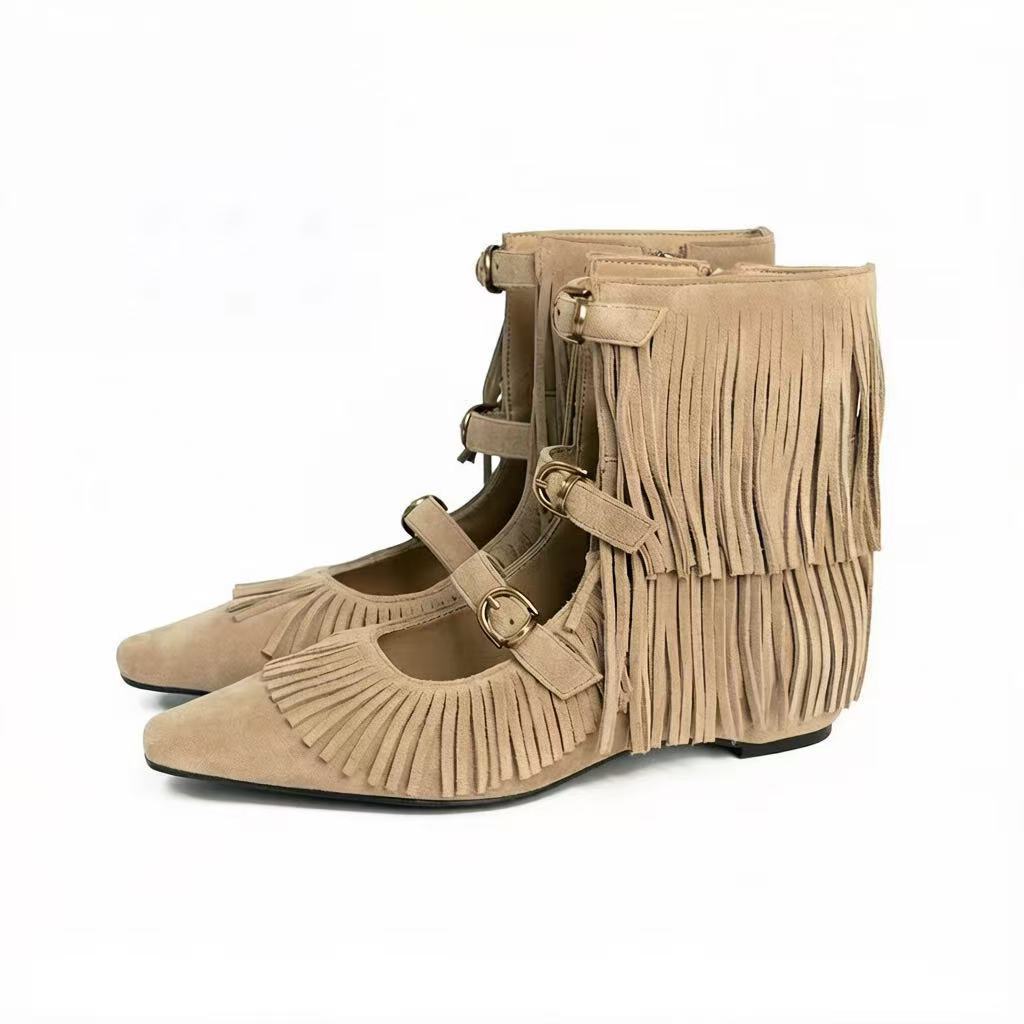 Women's Version Vintage Tassel Short Suede Square Toe Women's Leather Boots