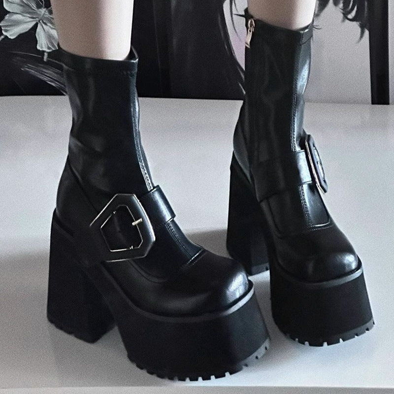 Thick Bottom Chunky Niche Short Female Hot Belt Buckle Waterproof Heels