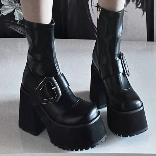 Thick Bottom Chunky Niche Short Female Hot Belt Buckle Waterproof Heels