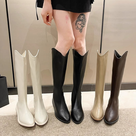 Long V Cut Milk Tea Brown Chunky Female Winter Small Women's Leather Boots