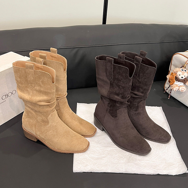 Women's Height Increasing Insole Western Cowboy V Cut Slimming Big Tube Women's Leather Boots