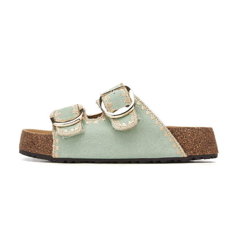 Women's Platinum Round Toe Vintage Buckle Platform Height Increasing Breathable Thick-soles Slippers