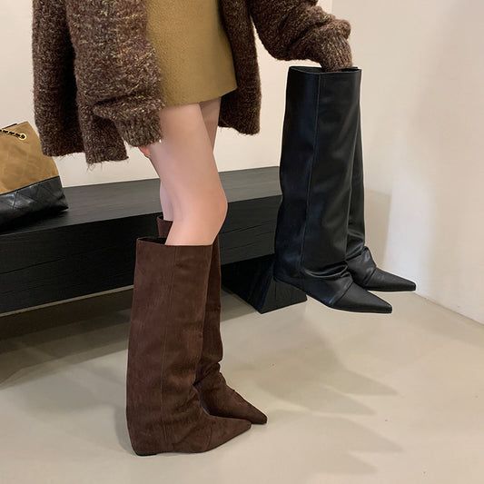 Minority Design Pointed Toe Height Increasing Insole Straight Female Slimming Boots