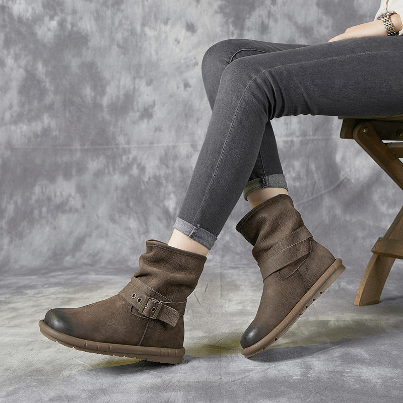 Women's Genuine Single Mori Style Retro Round Toe Comfortable Soft Bottom Women's Leather Boots
