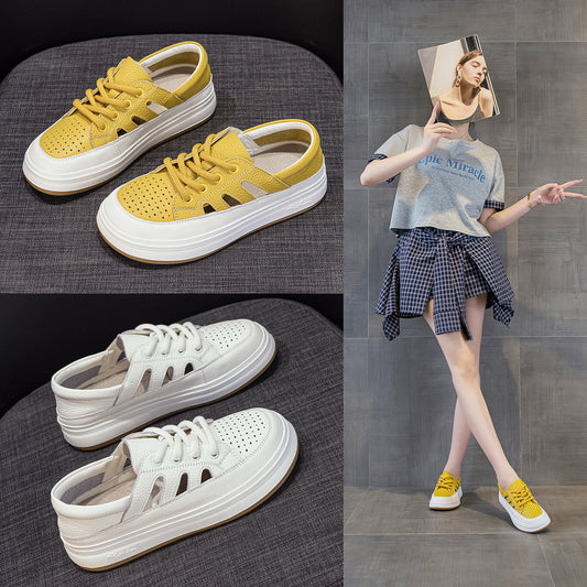 Women's Bottom Cutout Hole Summer Breathable Closed Toe Lace Up Sports Women's Casual Shoes