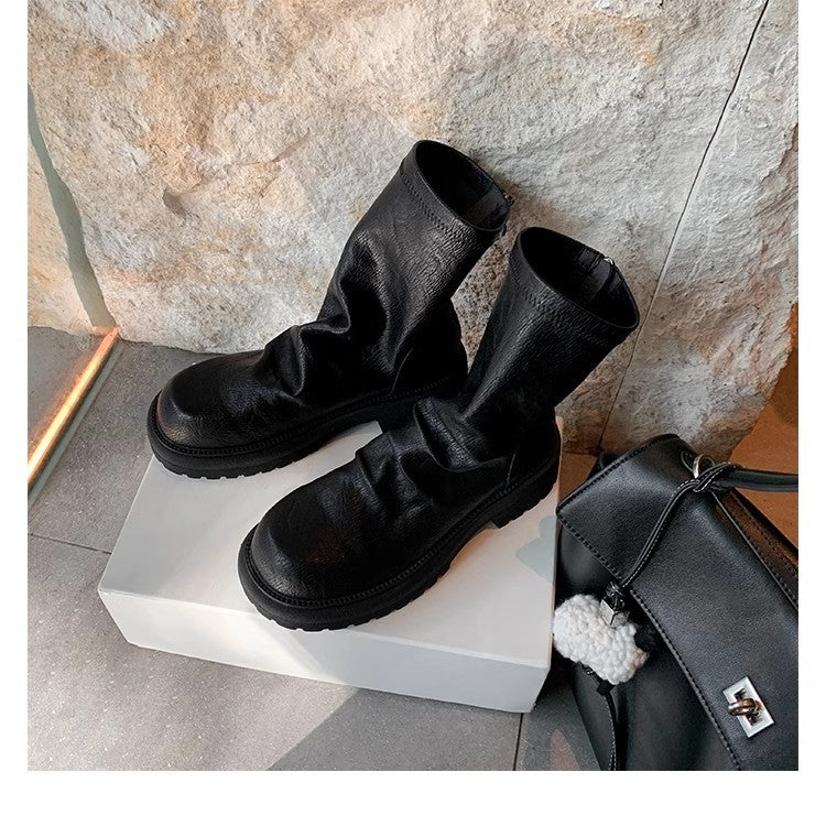 Women's Platform Skinny Round Toe Pleated Back Zipper Boots