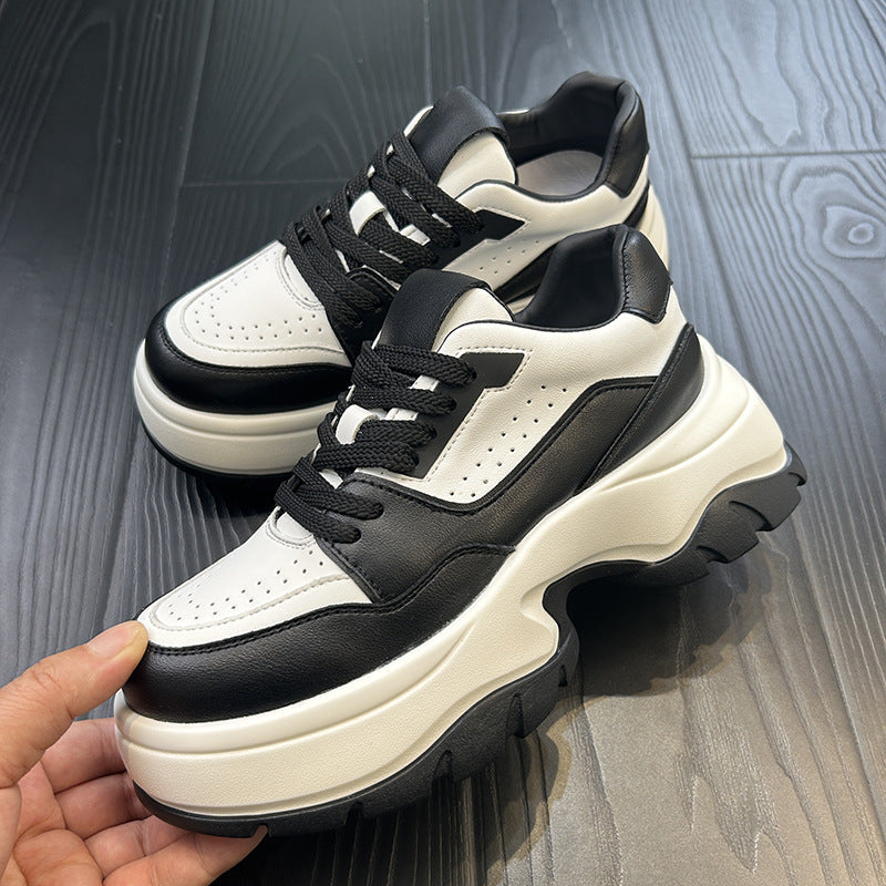 Women's Platform White Lace Up Increased Versatile Leather Shoes