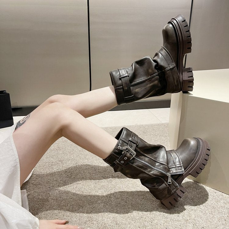 Women's Platform Martin Autumn Brushed Square Toe Western Women's Leather Boots