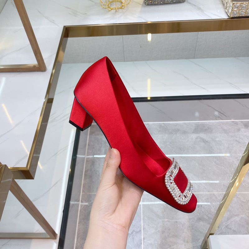 Women's Chunky Square Toe Rhinestone Versatile Single-layer Low-cut Women's Fashion Shoes