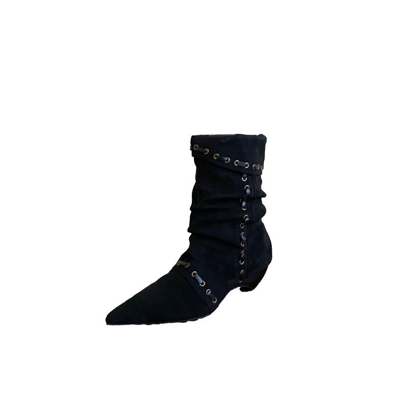 Handmade Binding Cable Pointed Toe Chunky Suede Women's Leather Boots