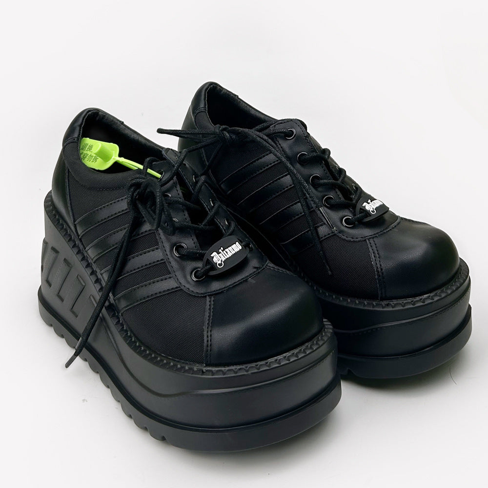Women's Black Striped Punk Big Head Pumps Platform Height Increasing Muffin Women's Fashion Shoes