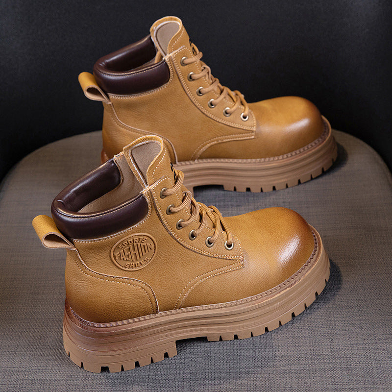 Women's Platform Elevator Wild Worker Retro Short Tube Women's Leather Boots