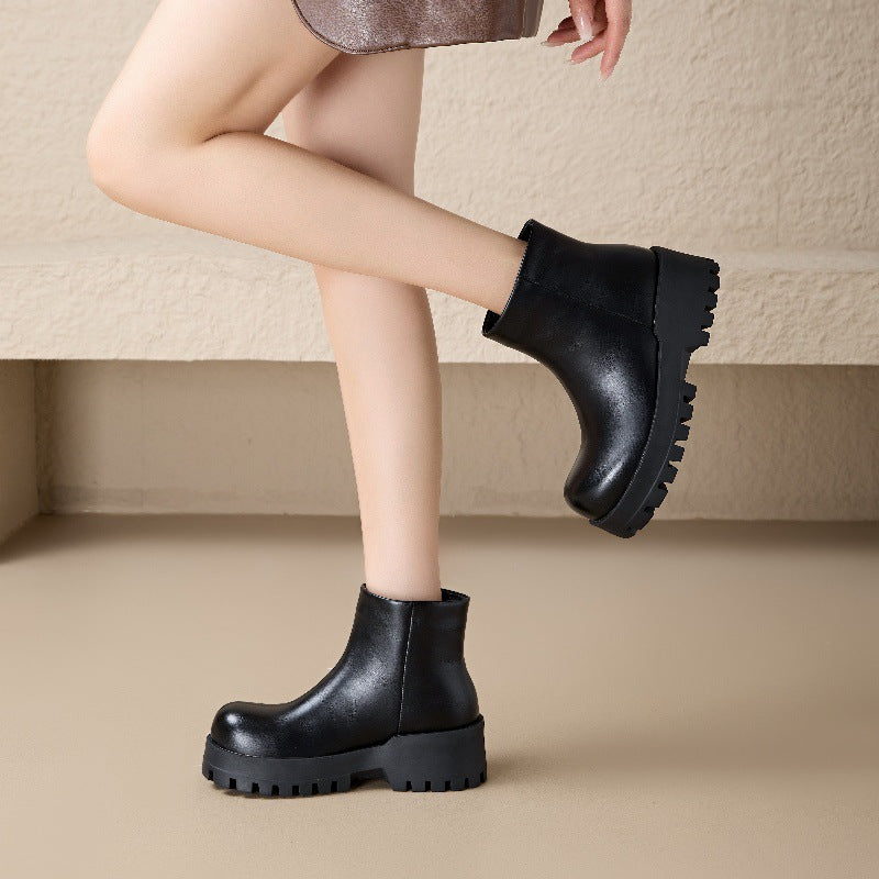 Women's Martin Smoke Pipe Black Round Chunky Women's Leather Boots