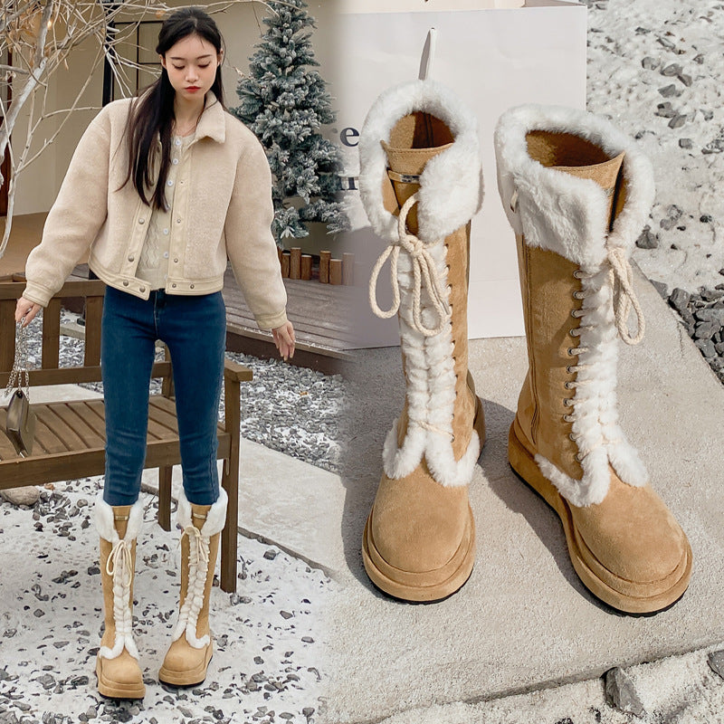 Women's Winter Retro Platform Fleece-lined Knight Thermal Middle Tube Snow Boots