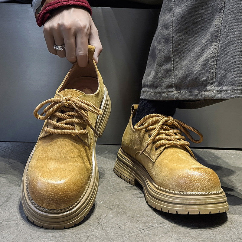 Men's Derby Retro Lace Loop Yellow Brown Men's Casual Leather Shoes