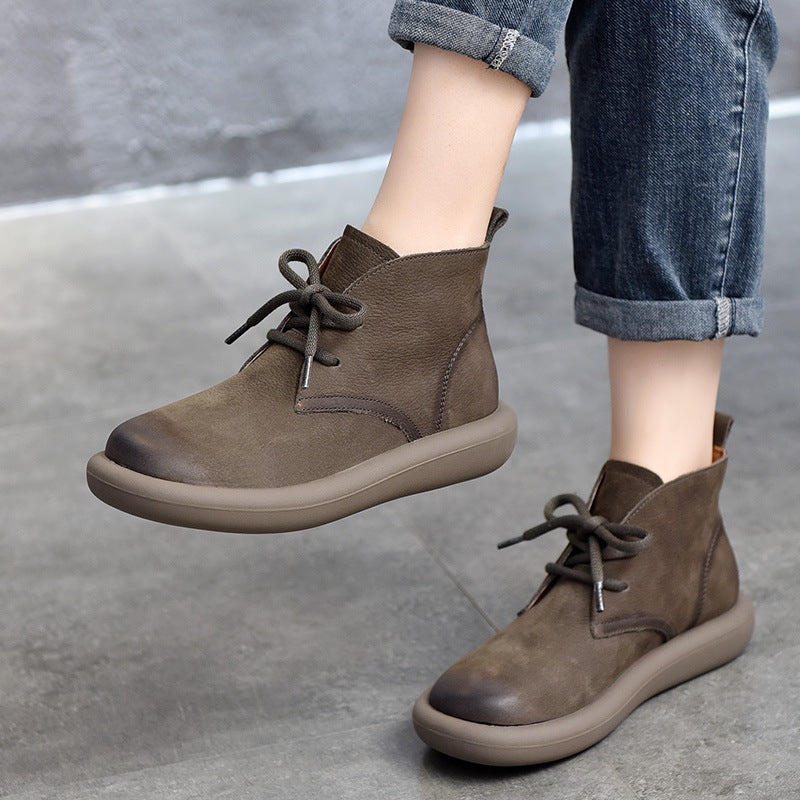 Women's First Layer Cowhide Round Toe Mid Boots