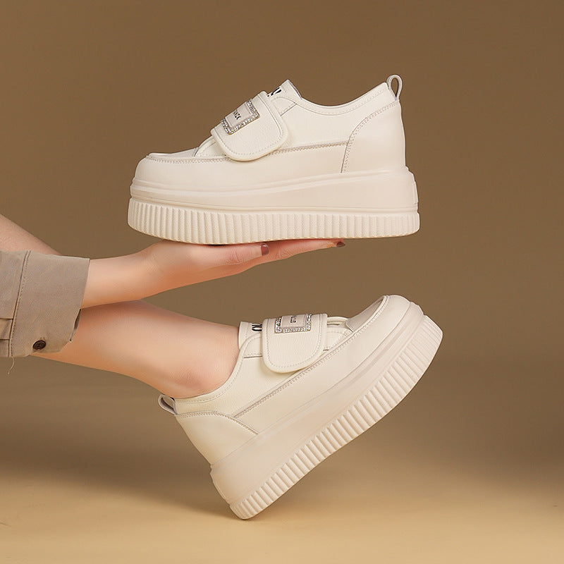 Women's White Spring Velcro Muffin Thick-soled Lightweight Sneakers