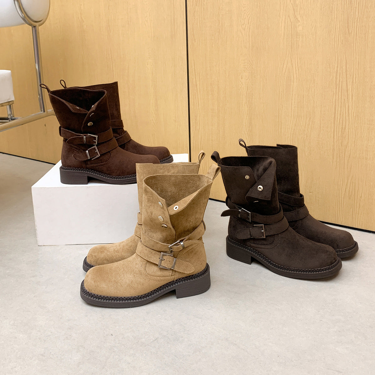 Chunky Platform Buckle Cow Suede High-heeled With Short Tube Female Women's Leather Boots