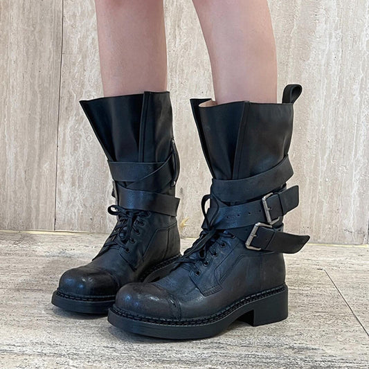 Women's Thick Bottom Retro Distressed Western Denim Women's Leather Boots