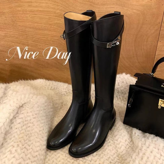 Women's Second Hair Genuine Oblique Lock Side Zipper Thick High Tube Women's Leather Boots