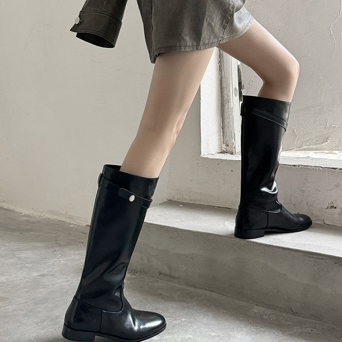 Women's Black Gold Coin Chunky Platform Long Tube Knight High Straight Women's Leather Boots